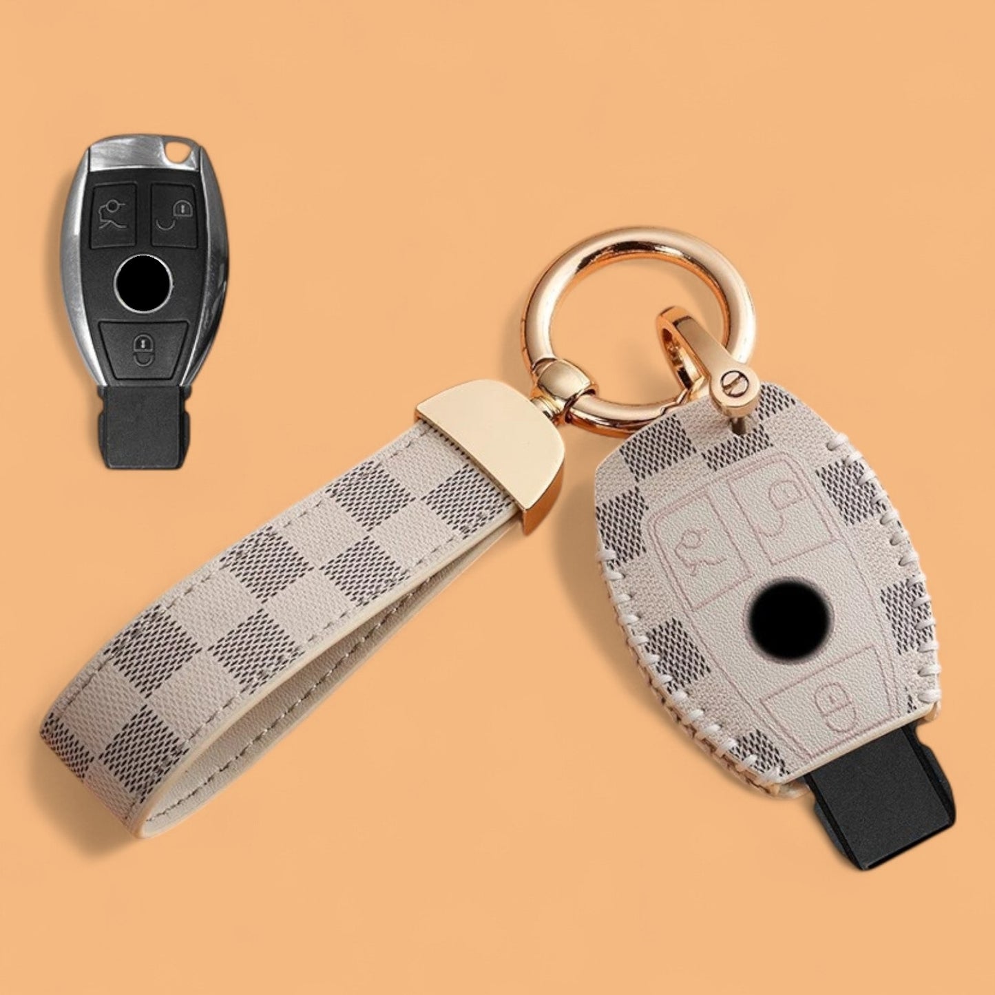 Leather Remote Key Fob Cover Case for Mercedes A C E S G M Class CLK CLS SL SLK AMG VITO with Keychain and Emblem