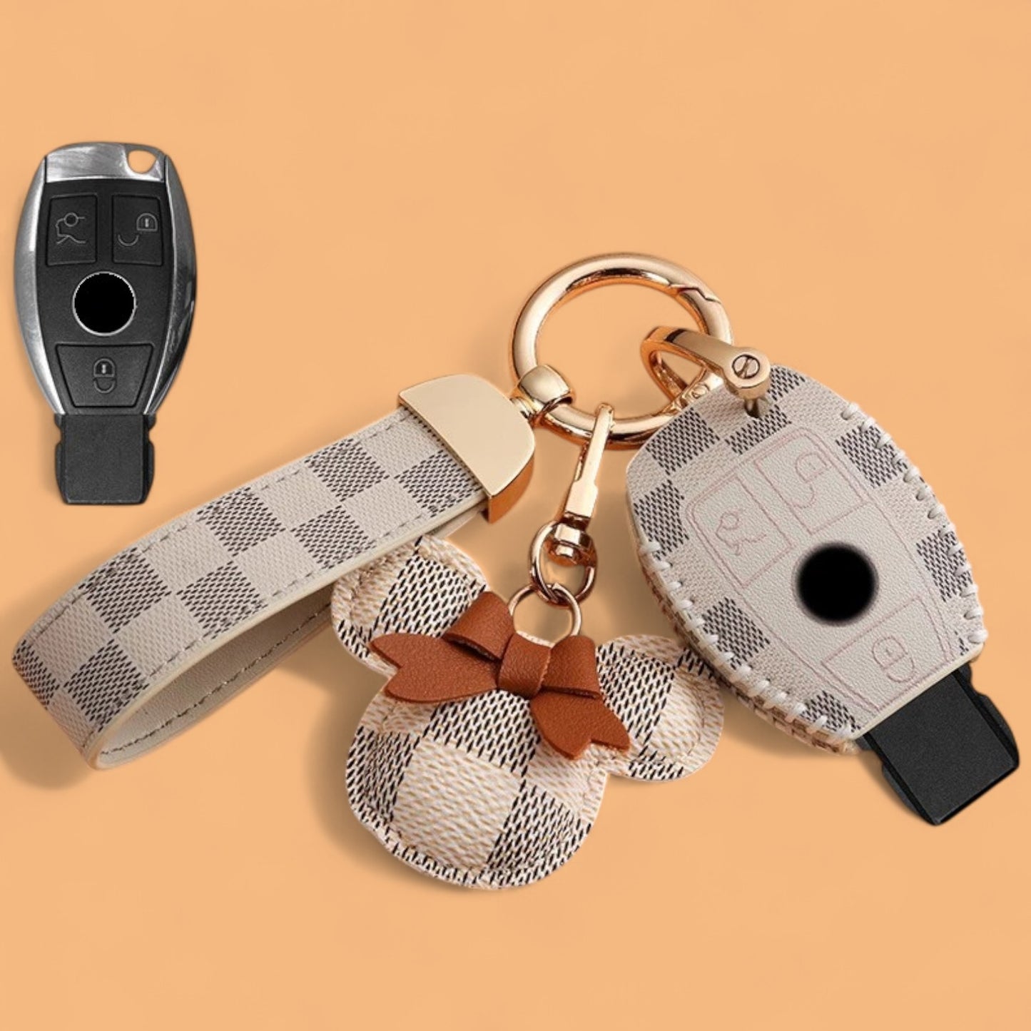 Leather Remote Key Fob Cover Case for Mercedes A C E S G M Class CLK CLS SL SLK AMG VITO with Keychain and Emblem