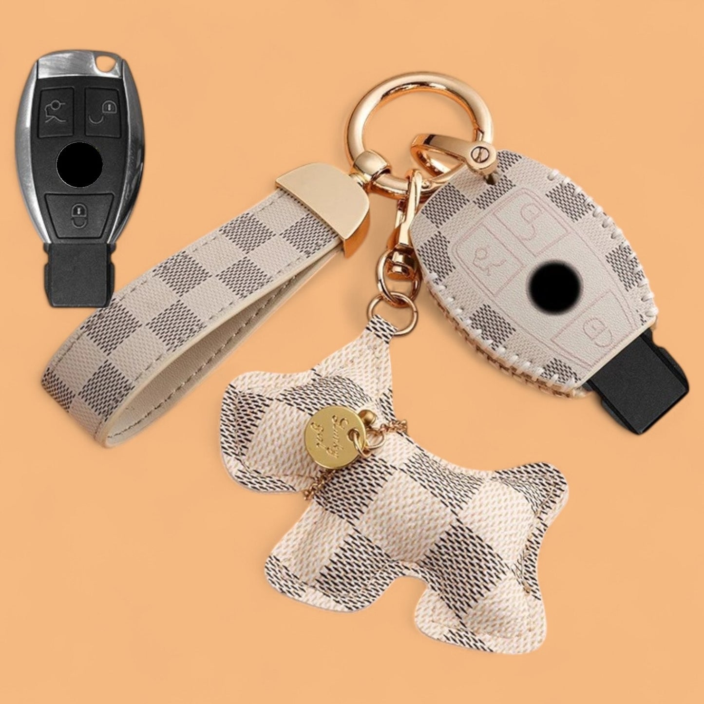 Leather Remote Key Fob Cover Case for Mercedes A C E S G M Class CLK CLS SL SLK AMG VITO with Keychain and Emblem